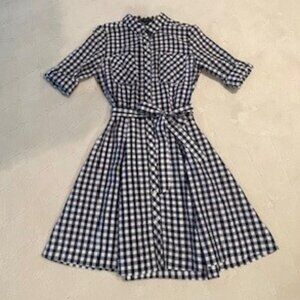 IMNYC Isaac Mizrahi A-Line Blue Gingham Check Belted Shirt Dress Size 6